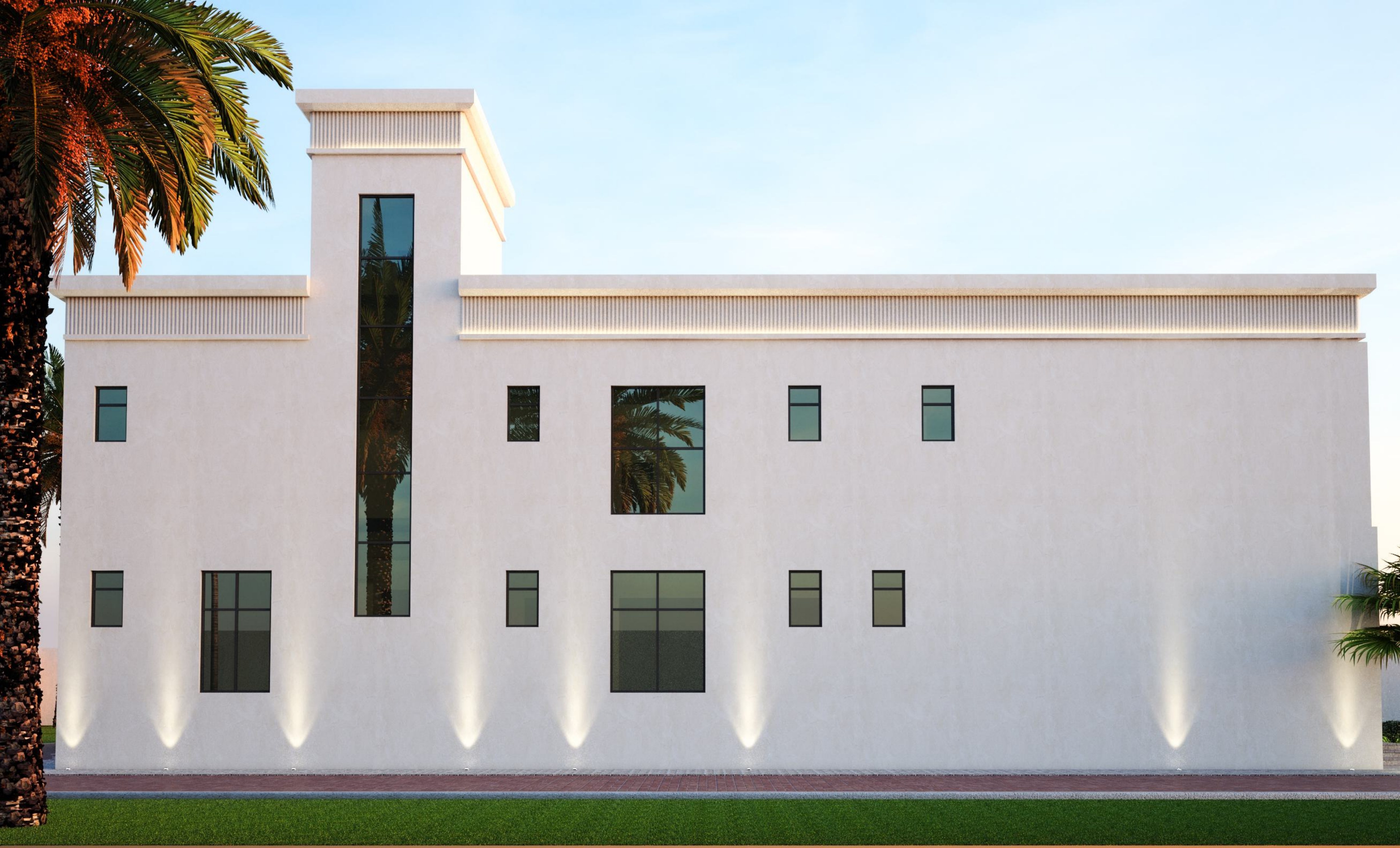 3D render of a villa side elevation with vertical glazing slot, Shamkha South