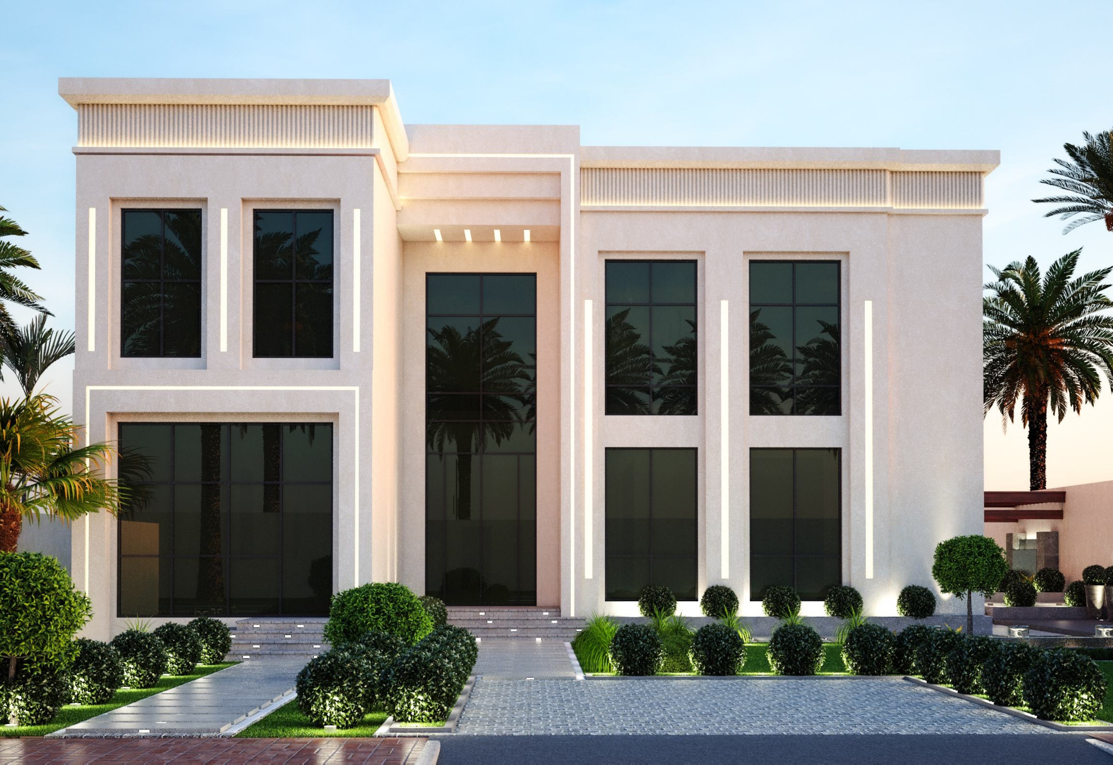 3D architectural render of a contemporary Arabic-style villa, Shamkha South.