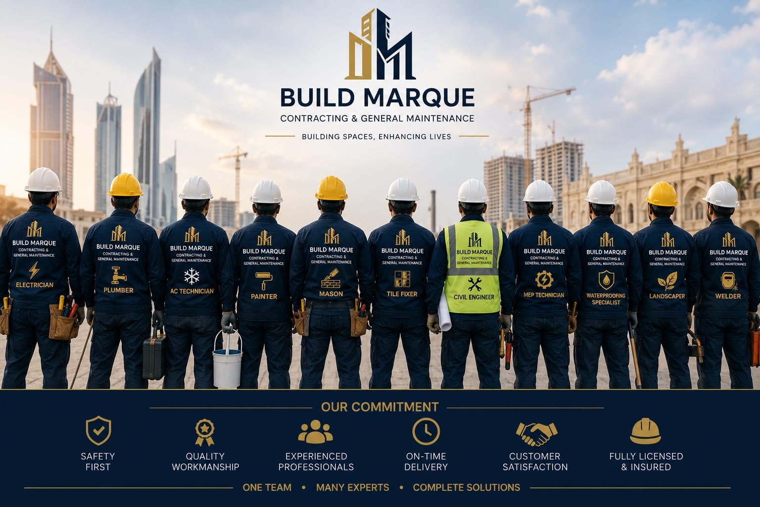 The Build Marque team across every trade: electrician, plumber, AC technician, painter, mason, tile fixer, civil engineer, MEP technician, waterproofing specialist, landscaper and welder. One team, many experts, complete solutions.